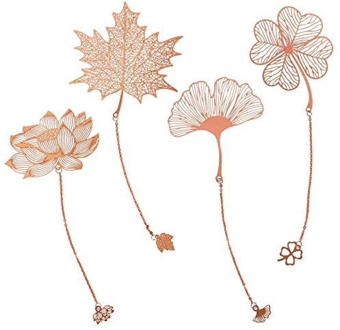 Signets en métal - Lot de 4 - Signets pour femmes - Marque-page ajouré avec chaîne, trèfle à quatre feuilles, feuille d'almon, feuille d'érable, fleur de lotus pour lecteurs, enseignants et étudiants