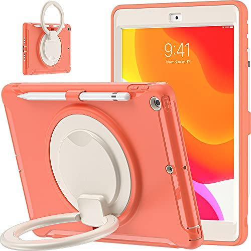 Carcasa para iPad Pro 10.2 2021/2020/2019 (9/8/7ª generación) con Soporte para bolígrafo, Carcasa de Silicona Resistente a los Golpes con Soporte Giratorio de 360°, Color Naranja