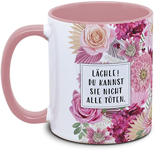 Tassenkasper - Tasse mit Blume und Spruch - Lächle! Du kannst sie nicht alle töten. - Geschenk für Kollegin, Tasse lustig