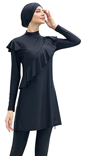 IMEKIS Damen 3tlg Modest Bademode Muslimischen Badebekleidung Islamischen Arabischen Badeanzug Langarm Tankini mit Hijab voller Abdeckung Burkini Schwimmanzug Schwarz 2XL