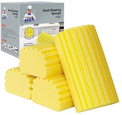 MR.SIGA Plumero de Esponja, Plumero Reutilizable con diseño de Superficie estriada, Esponja para Limpiar el Polvo doméstico, Paquete de 4, Amarillo