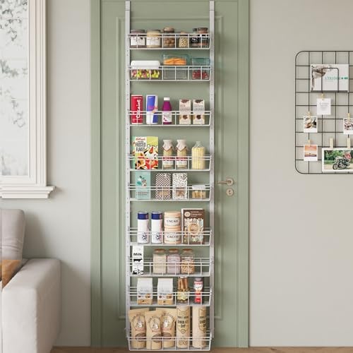 UMDONX Metal Hanging Storage Shelf Kitchen Rack Organiser 9 Tier, Over Door Multifunctional Narrow Shelving Unit for Spice Bedroom Bathroom (White Large Capacity)