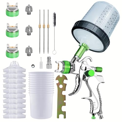 HVLP - Pistolet à peinture à air comprimé - 3 buses de 1,4 mm, 1,7 mm, 2,0 mm - Système de pulvérisation de peinture avec gobelet de mélange jetable - Contient 10 couvercles de 600 ml et gobelet