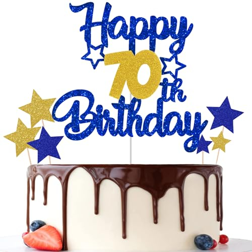 Gidobo 70th Birthday Cake Toppers, Blue Gold Glittery Cake Decorations with Stars, Seventy Years Old Birthday Party Supplies for Men and Women