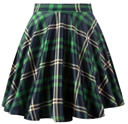 Dressever Damen Basic Vielseitige Dehnbaren Informell Casual Mini Hohe Taille A-Linie Tennisrock Tanzrock Green Plaid Large