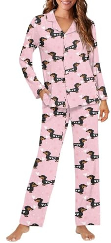 chaqlin Damen-Pyjama-Set, niedliches Loungewear-Pyjama-Set, 2-teilig, langärmelig, Hauskleidung, Lounge-Set, Schlafanzug, Knopfleiste, Nachtwäsche
