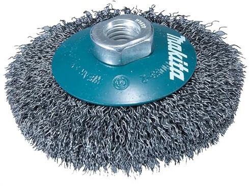 Makita D-77512 Rundbürste Ø 115 mm INOX, gewellt, Edelstahldraht, M14 Gewinde Aufnahme, Drahtbürste für Winkelschleifer zum Entrosten, Entzundern, Aufrauen und Reinigen von Stahl und Edelstahl