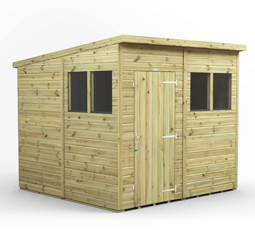 Powersheds High Grade Premium Pressure Treated Pent Shed Garden Wooden Shed with Heavy Duty Frame, Door & Window Flexibility made from Extra Thick Timber & Toughened Glass (8x8)