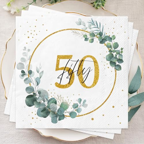 Wentsent Servietten 50. Geburtstag Frau Mann, 40Stück Servietten Geburtstag Grün Gold, Happy Birthday Eukalyptus Grün Papierservietten 50. Geburtstag Deko für 50. Geburtstags Jubiläum