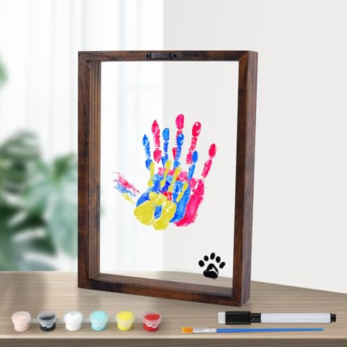 NQEUEPN Familien Handabdruck Set, DIY Familien Handabdruck Family Hand Print Frame aus Holz Geschenke für Werdende Eltern für Eltern Nach der Geburt Kinder Paare Freunde 6 Lackfarben Enthalten
