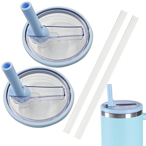 Ellxen 2 Pack 40 OZ Tumbler Lids Replacement Cup Flip Straw Tumbler Lid,Clear Replacement Lids Fit for Stanley Travel Tumbler, Spill Proof Tumbler Covers for Stanley Cup Accessories(light blue)