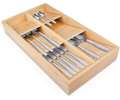 burkfeeg Besteckeinsatz für Schubladen, Besteckkasten für Schubladen, Besteckkasten Holz, Küchenschubladen Organizer, Schubladen Organizer Küche für Schubladen aus Bambus für Löffel, Gabeln, Messer