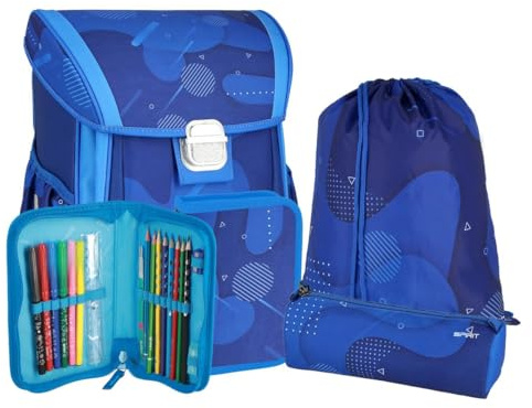 itenga Grundschul Ranzen Set COOL - Schulranzen Set 4 teilig für Jungen und Mädchen mit Mäppchen Faulenzer Turnbeutel (Blue Cloud)