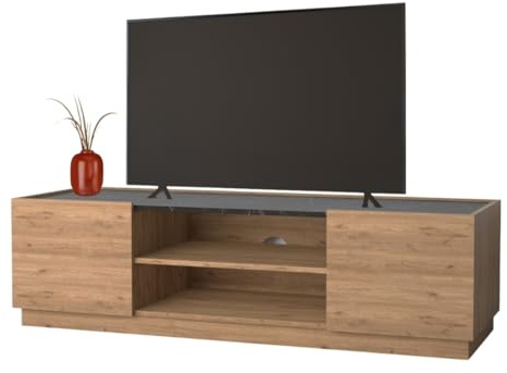 Wooden TV Stand 150 cm Modern Small TV Unit for 65 Inch TVs, TV Cabinet with Storage and Cable Management, Media Console for Living Room, Contemporary Entertainment Unit (Black Marble & Oak, Etna)