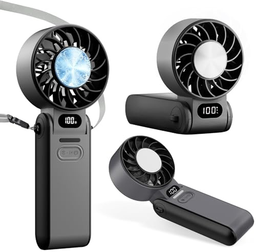 Handheld Fan with Ice Cooler, Portable Mini Fan Rechargeable Battery Operated, 5 Gear Turbo Fan Led Display, Up to 15H Cooling, Foldable Personal Hand Fans for Travel/Commuting/Office/Home (Black)