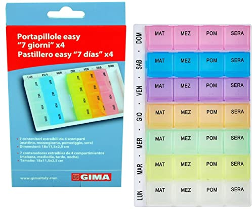 Gima - Weekly Pill Box, 7 herausnehmbare Behälter mit 4 Fächern (morgens, mittags, nachmittags, abends), Wochentage auch durch personalisierte Farben unterscheidbar, 25763