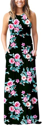 PCEAIIH Women's Casual Sleeveless Maxi Dress Loose Long Dresses with Pockets (L-B-Flower Black)