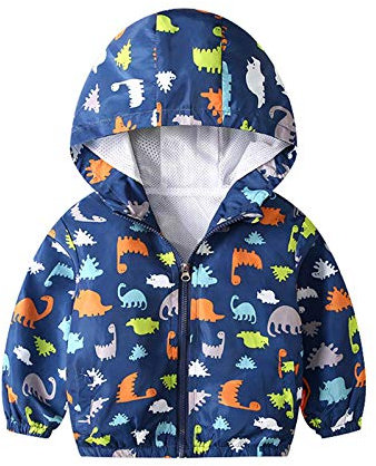 JinBei Blouson Garçon Manteau Capuche Veste Enfant Sweat-Shirt Dinosaure Zipper Poche Pull-Over Longue Manche Bleu Mince Manteaux Mignon Outwear Printemps Automne Coupe-Vent 3-4 Ans