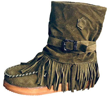 Stivali Donna Moda Casual Punta Tonda Retro Frangia Scarpe Basse alla Caviglia (42,1verde)