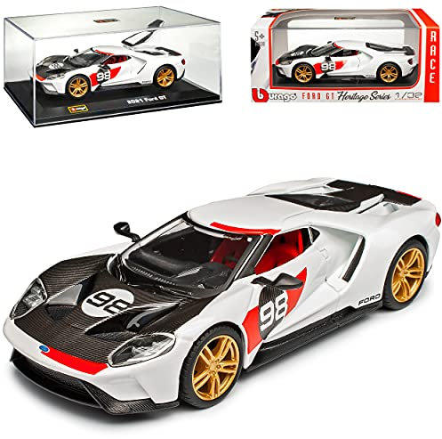 Ford GT Coupe Nr 98 Weiss mit Sockel und Vitrine Ab 2017 1/32 Burago Modell Auto mit individiuellem Wunschkennzeichen