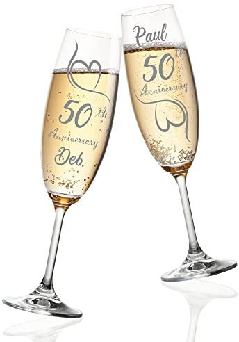 Always Looking Good Personalised 50th Wedding Anniversary Set of 2 Golden Wedding Champagne Flute Glasses Chocolate Hearts Engraved Flute (Empty)