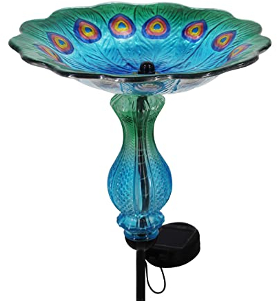John's Studio Pfauen-Vogeltränke für den Außenbereich, Glasschale, Solarlicht, Vogeltränke, Käfig, Außenschale, Vogelfutterstation mit Metallpfahl für Garten, Hof und Terrasse, 81,3 cm