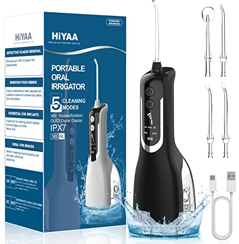 Water Flosser Cordless Teeth Cleaner with OLED Display, IPX7 Waterproof 360°Rotation Portable Cordless Dental Oral Irrigator 360ML for Deep Clean with 5 Modes 4 Jet Tips for Travel & Home Use - Black