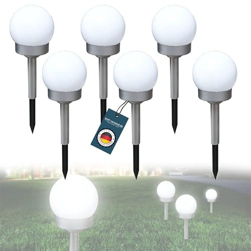 bmf-versand Solarlampe für Außen Stehend Wegeleuchte 6er Set – Solarleuchte Garten Höhe 35 cm – Außenleuchte Gartenlampe LED – Solarkugel Aussenlampe Solar IP 44 Weiß Silber Metallic