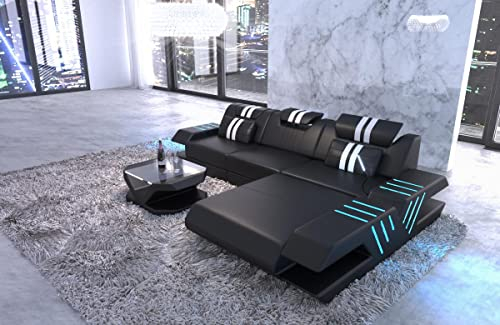 Ledersofa Venedig L Form Sofa Ecksofa in Leder - mit LED Beleuchtung, verstellbare Kopfstützen, Recamiere/Lederfarben wählbar/Ausrichtung wählbar (Ottomane rechts, Schwarz-Weiß)