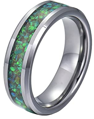 Mesnt Ring Edelstahl Gothic Verlobungsring mit Grünem Synthetischer Opal Verlobungsring Für Ihn 8MM Silber Grün Herren Ringe Größe 62 (19.7)