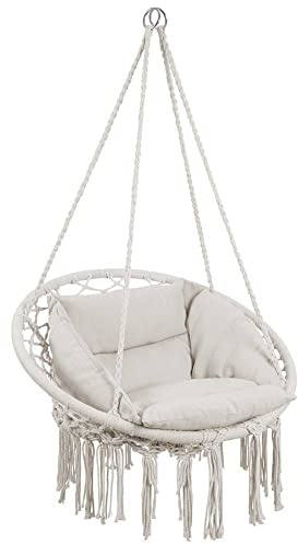 BAKAJI Fauteuil Suspendu d'extérieur Jardin en Corde de Coton Chaise Balancelle hamac Terre Camping avec Structure Circulaire en Acier Assise rembourrée, Coussin Design Moderne (Beige)