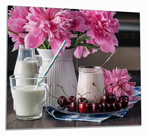 Wallario Herdabdeckplatte/Spritzschutz aus Glas, 2-teilig, 60x52cm, für Ceran- und Induktionsherde, Milch mit Kirschen zum Frühstück mit rosa Blumenarrangement