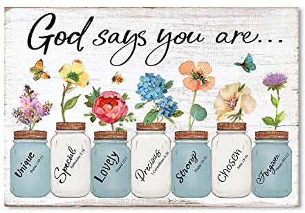 Inspirational Floral Canvas Wall Art: God Says You Are Positive Quotes Wall Decor, Flowers in Mason Jar Picture Motivational Bible Verse Poster for Women Bedroom Home Decoration 10 x 15