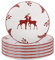 Dinner Plate Set of 6 - Hand Painted Red & White Reindeer Stoneware Crockery Dishwasher & Microwave Safe Christmas Reindeer Dinnerware Set