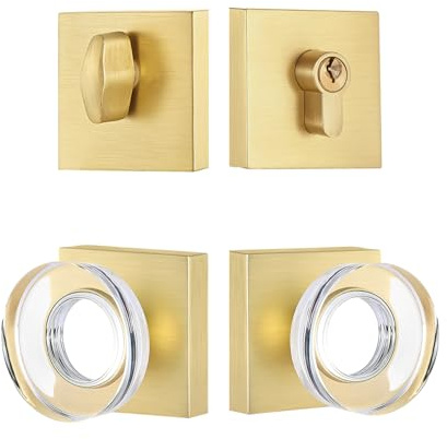 coolnews Single Cylinder Deadbolt and Crystal Glass Passage Door Knob Combo Set, Satin Brass Finish