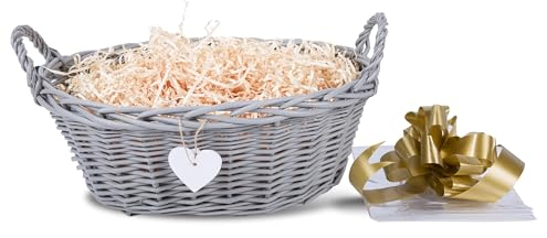 Wickerfield Woven Wicker Basket with Handle, Gift Hamper Kit with Shredded Pape, Empty Hamper Basket for Baby, Christmas, Retail Display (Grey Basket, Pink Filling)