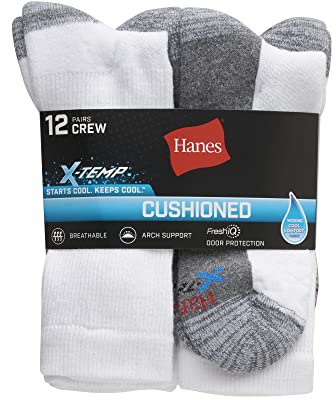 Hanes Mens Socks, X-temp Cushioned Crew 12-pack, White, 6-12 US