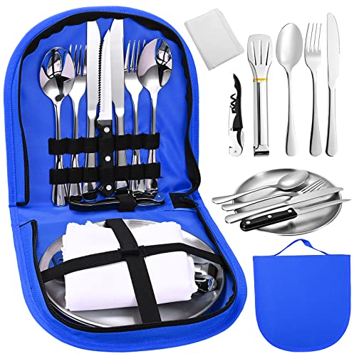 Altueey Camping Cutlery Set 2, Portable Picnic Cutlery Set 14 Pcs with Case, Stainless Steel Tableware Set with Spoons Forks Plate, Travel Cutlery Outdoor Hiking Picnic, 2 or 4 People(Blue)