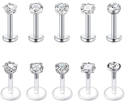 Funseedrr 10er 1.2mm Edelstahl Lippenpiercing Labret Stecker Set 6mm Silber Tragus Helix Piercing Schmuck