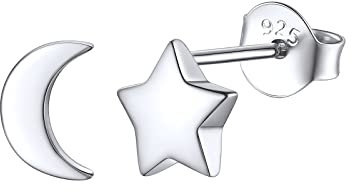 FOCALOOK Ohrringe Herren Ohrstecker Silber 925 Damen Silver Earrings Stern Ohrringe Mond Medizinische Ohrstecker Earrings Piercing Ohr Modeschmuck Accessoire