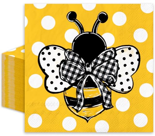 JarThenaAMCS Papierservietten, Motiv: Biene, Sommerhummel, Punkte, Einweg-Servietten, Gelb, Weiß, Schwarz, Abendessen, Servietten für Partyzubehör, Tischdekoration, 80 Stück