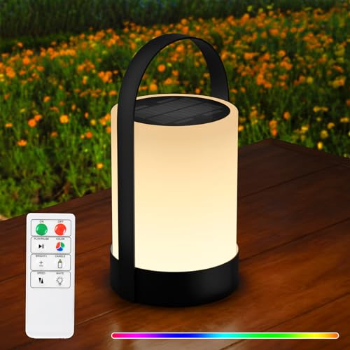 RWWR Solar Lampe Outdoor LED Solarlampen 2-in-1 Aufladung LED tischleuchte Akku Tischlampe kabellos mit Fernsteuerung 8 Farben Dimmbar IP44 für Terrasse Camping Garten Balkon (B)