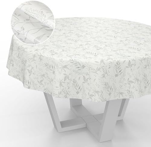ANRO Nappe en Toile cirée, Lavable, Ronde, pour Table de Jardin, extérieur et intérieur, Bord coupé, Motif Feuilles, Grise, 140 cm