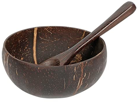 QIAOCEN Cuenco de Coco Natural, Cuenco de Madera Protector, Ensalada, nueces, vajilla de Madera de Coco, Juego de Cuchara, batido de Coco, Ambiente de Cocina de Coco