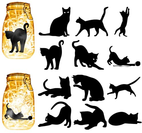 CREATCABIN 12 Stück Schwarze Katzen-Silhouetten,Einmachglas-Dekor,Lasergeschnittene Papp-Scrapbook-Ausschnitte,Stanzungen,PVC-Dekoration Für Heimwerker,Basteln,Laternen,Gläser,10x9cm,Ohne Aufkleber