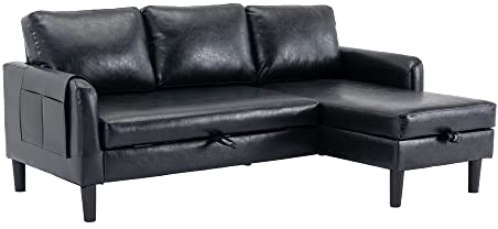 Sofa & Couches, Schlafcouch, Sektionalsofa, Umkehrbares Schlafsofa mit Stauraum-Chaiselongue (Schwarz + Kunstleder)