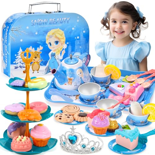 BBLTIFF Juego de Té para Niños, 50 Piezas de Accesorios de Cocina, Juguete con Maleta para Niñas de 3 a 7 Años