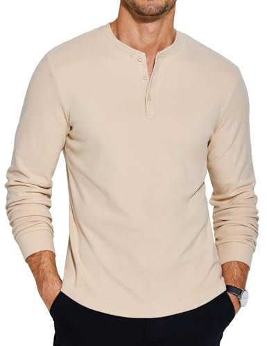 COOFANDY Henley Shirt Mens Grandad T Shirts Long Sleeve Thermal T-Shirt for Men UK Basic Casual Button Tops Beige S