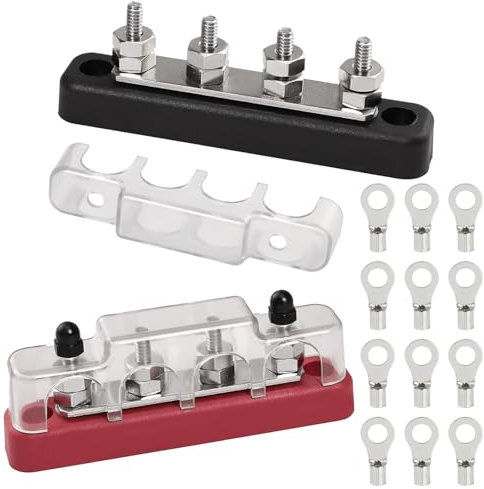 GMHLLES 12V - 48V Bus Bar 2 PCS Power Distribution Block Bus Bar Terminal Block DC Bus Bar Single Terminal Insulated Junction for Cars RVs Ships Yachts (Red and black set with terminal blocks)