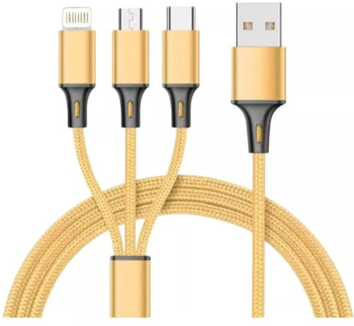 3in1-G Nylon Braided Multi Charging Cable Fast Charge Triple connector Universal charging 3-way Cable Multi-function Multi charger Cord with IP/Type C/Micro USB cable with multiple connectors (Golden)